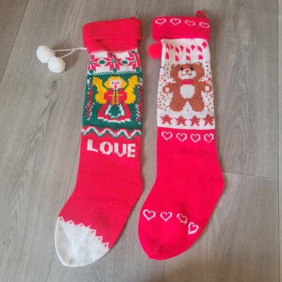 Vintage ROC Christmas Knitted Stockings Set Of 2 Angel & Bear Designs Red/White - Picture 1 of 9